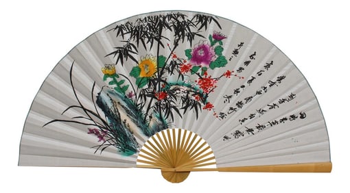 Chinese Handmade Fan Shape Flower Theme Paper Painting