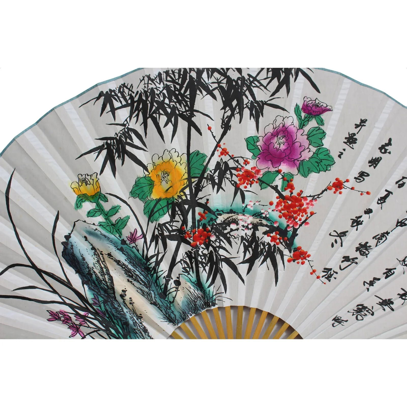 Chinese Handmade Fan Shape Flower Theme Paper Painting - 2