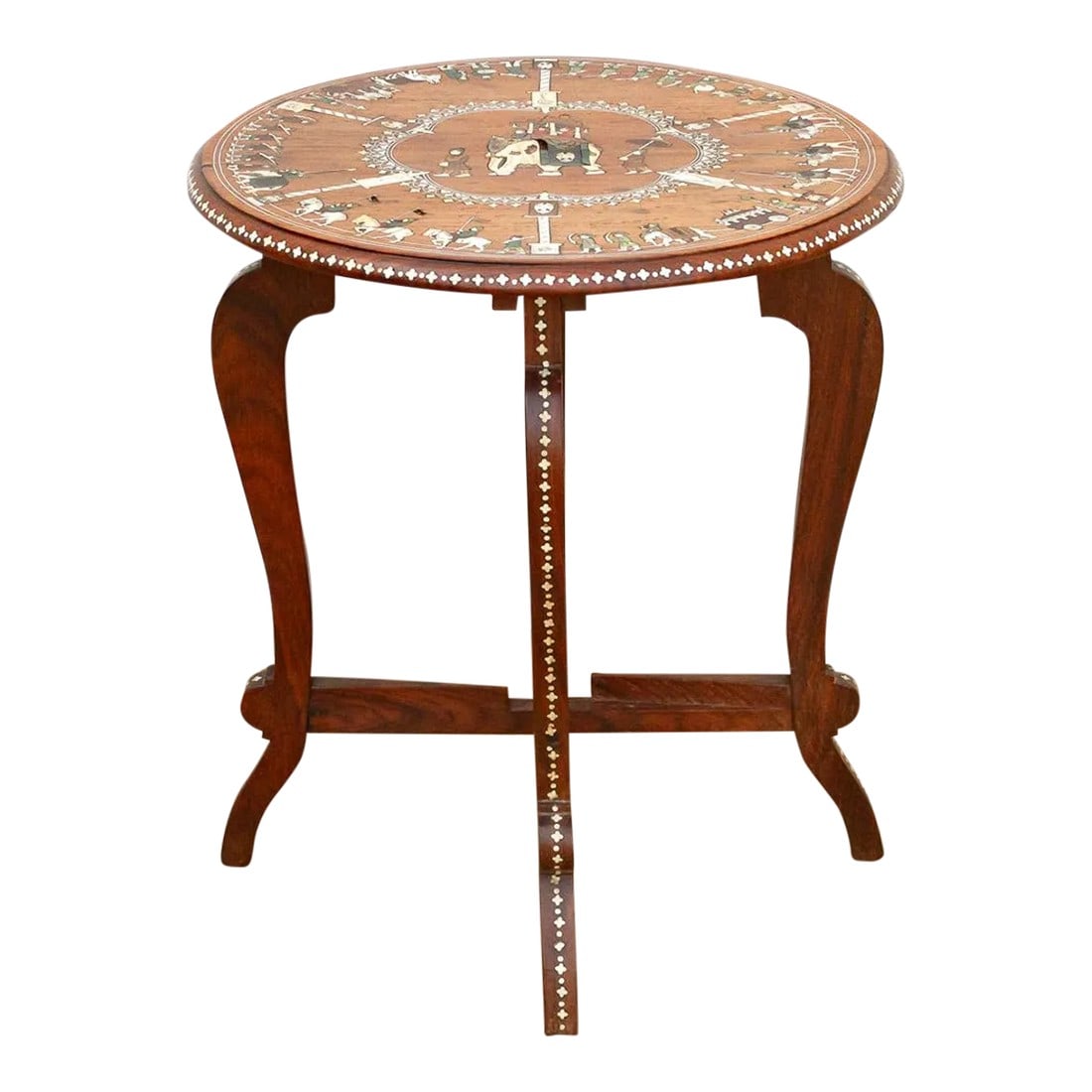Exquisite Mid-Century Inlay Side Table: This exquisite mid-century tea table is a testament to the artistry of Anglo-Indian design. The round top is a masterpiece of inlay work, featuring a captivating scene of a majestic elephant