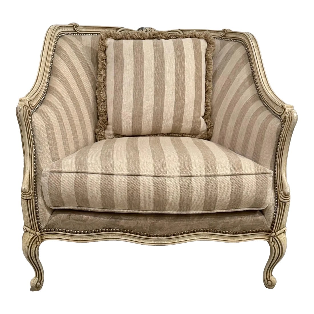 Henredon Beacon Hill 1990s Oversized French Country Bergère Armchair: This exquisite French Country-inspired Bergère armchair showcases Henredon's signature craftsmanship. Constructed from sturdy fruitwood, it features intricate carved details and elegant cabriole