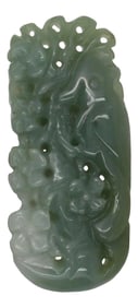 Carved Natural Green Jade Pendant With Parrot Play in Flowers Forest