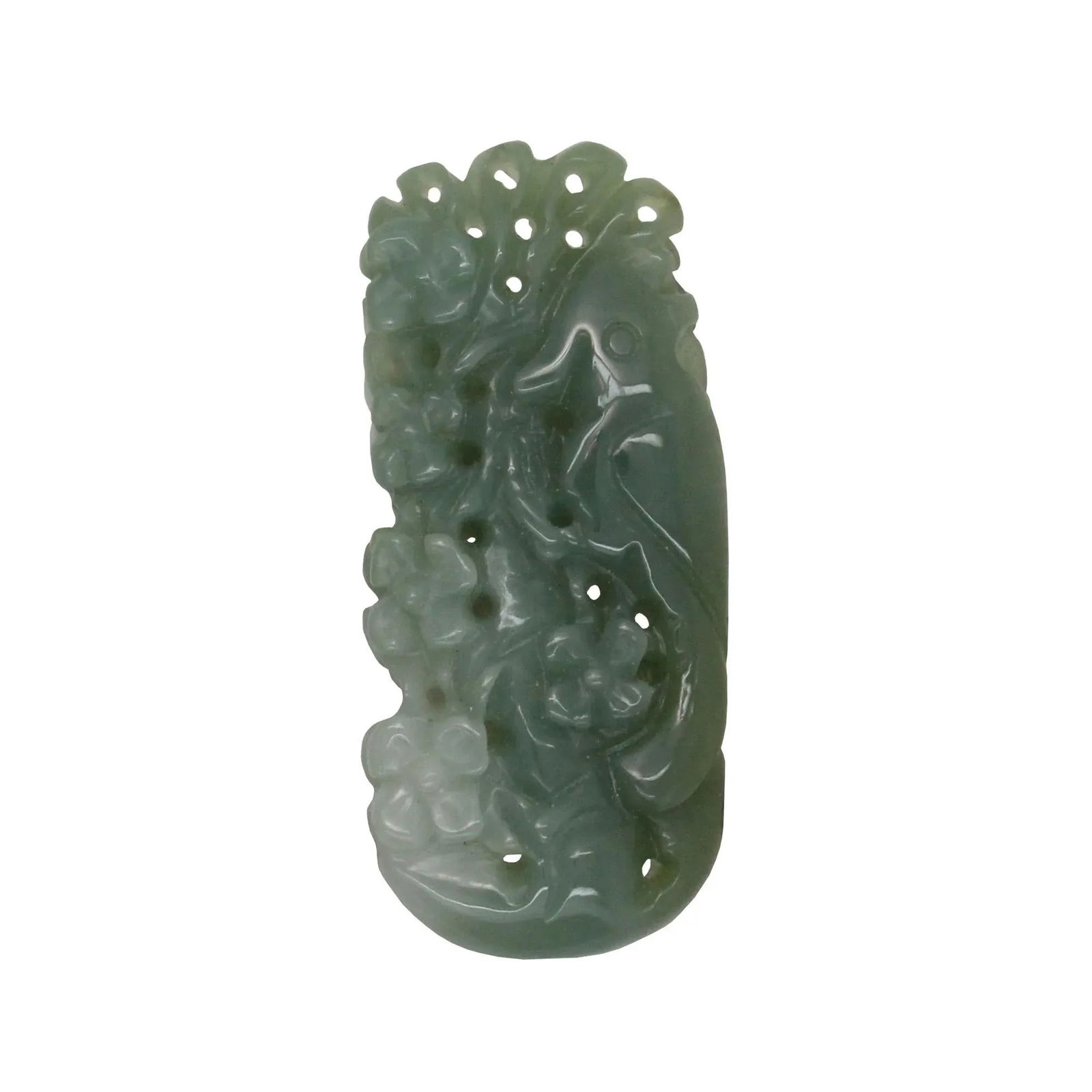 Carved Natural Green Jade Pendant With Parrot Play in Flowers Forest - 6