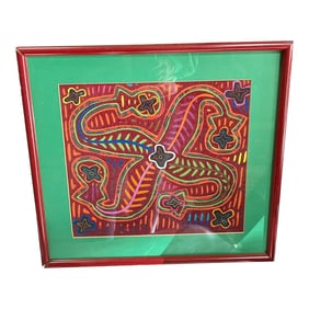 1970s Hand Sewn Colorful Tapestry in Red Frame