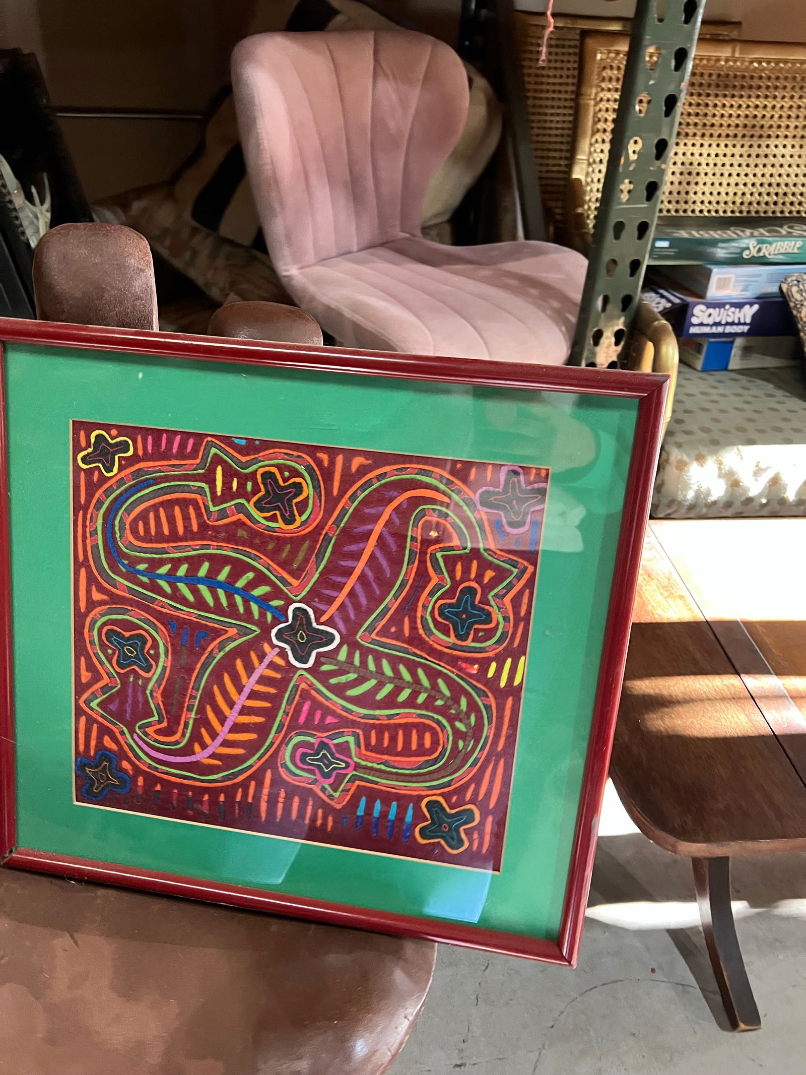 1970s Hand Sewn Colorful Tapestry in Red Frame - 2