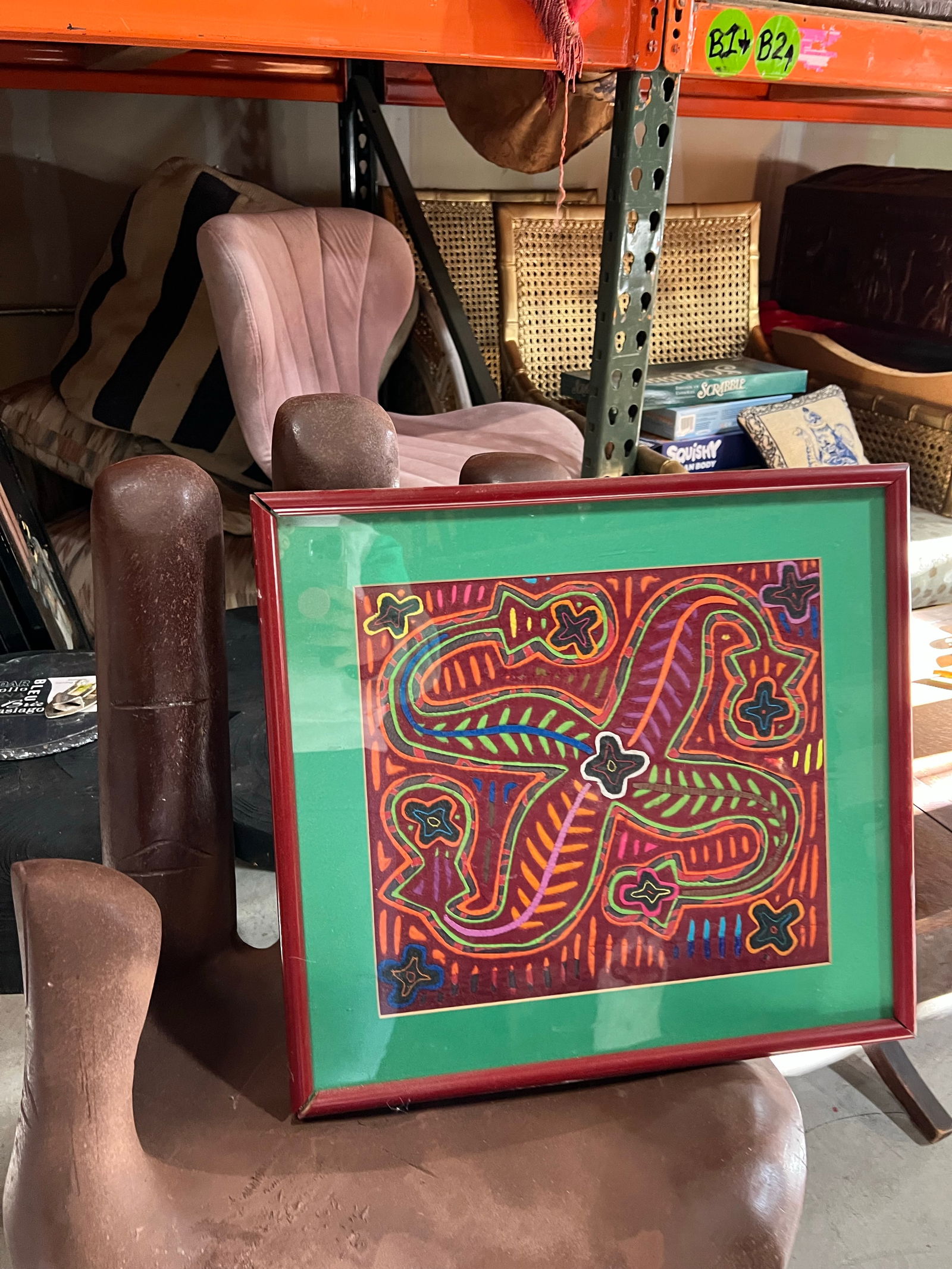 1970s Hand Sewn Colorful Tapestry in Red Frame - 3