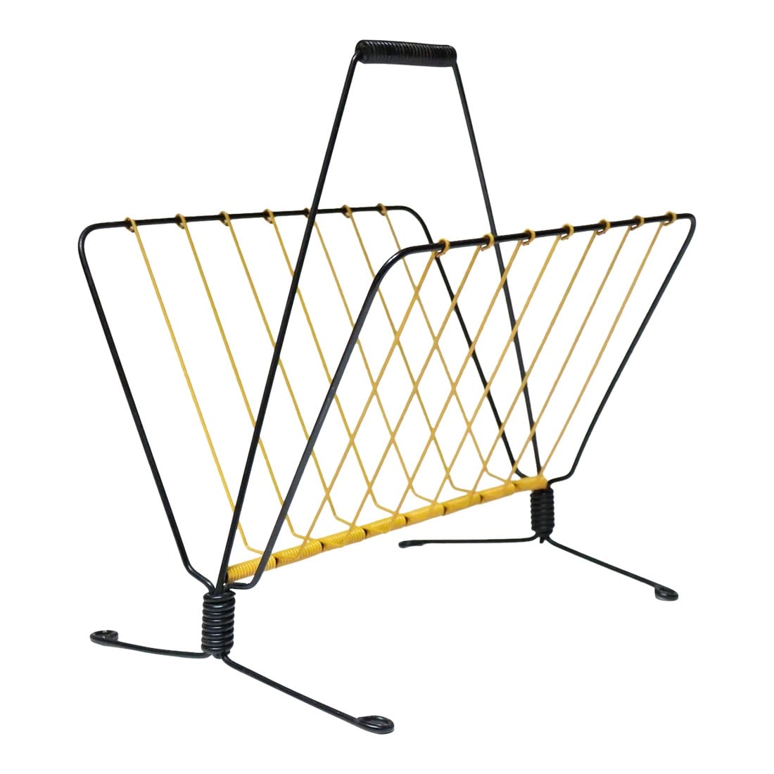 Vintage French Modern Yellow and Black Wire Magazine Rack: French magazine rack in yellow scoubidou wire and black metal (ca. 1950s). Elegant, modernist form and attractive colors employed. Excellent, vintage condition with only light scuffing, as shown. H: