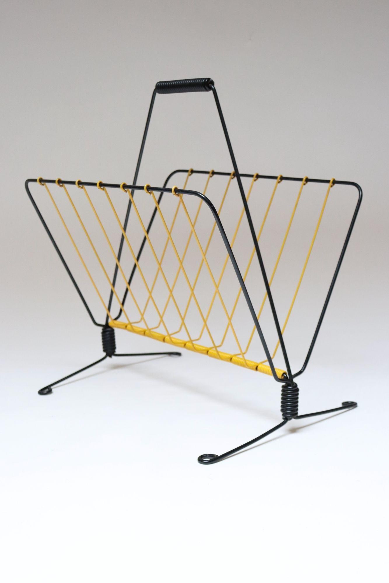 Vintage French Modern Yellow and Black Wire Magazine Rack - 4