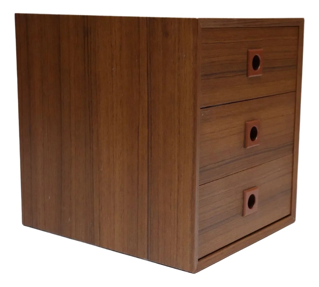 Vintage Japanese Laminated Teak Jewelry Box / Desk Organizer by Shirokiya: Petite Mid-Century Japanese Modern three-drawer laminated teak decorative box/cabinet with plastic geometric pulls - rectangular with round recessed openings by Shirokiya (ca. 1950s, Japan). Solid
