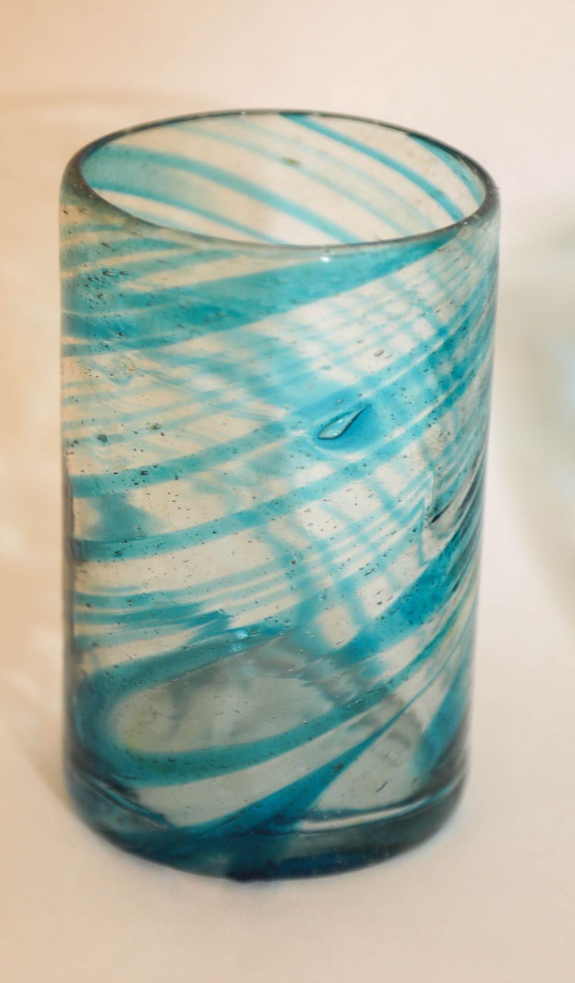 Hand Blown Drinking Glasses Handcrafted Blue Swirl Set of 4 - 10