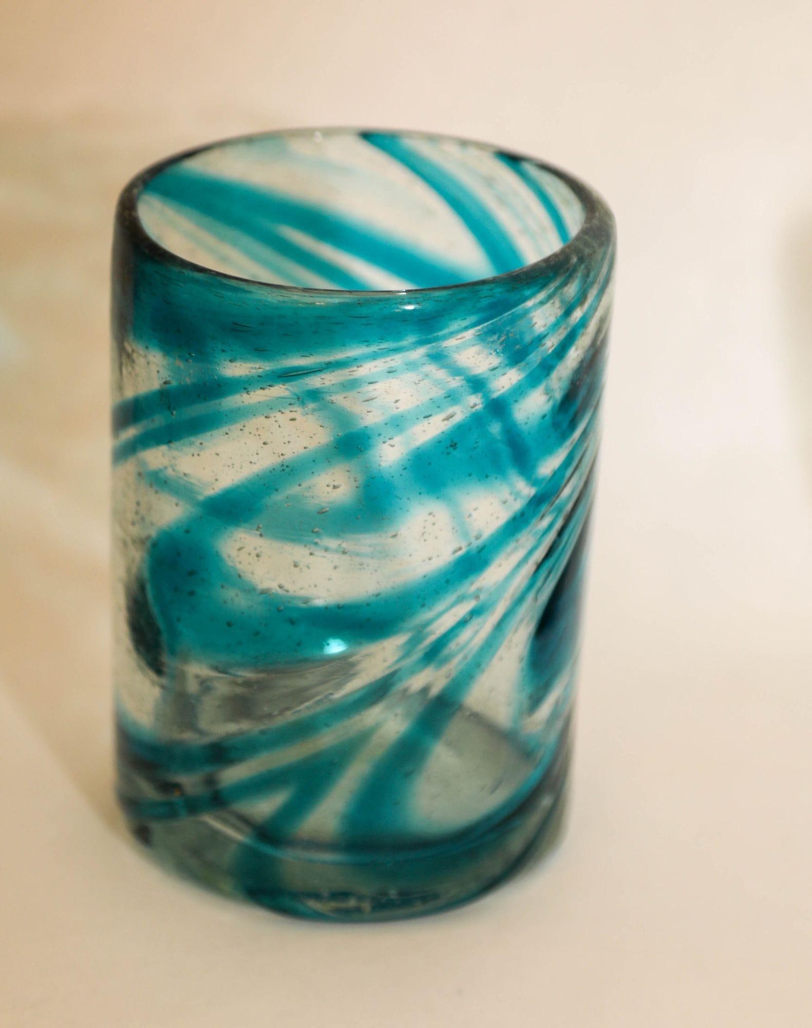Hand Blown Drinking Glasses Handcrafted Blue Swirl Set of 4 - 11