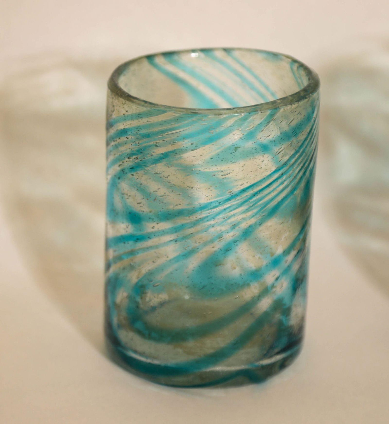 Hand Blown Drinking Glasses Handcrafted Blue Swirl Set of 4 - 12