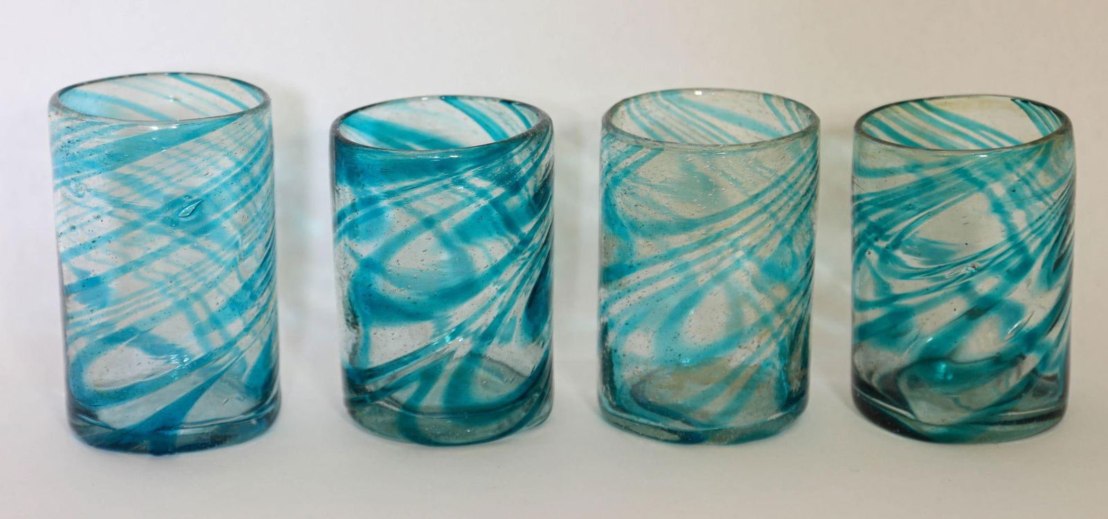 Hand Blown Drinking Glasses Handcrafted Blue Swirl Set of 4 - 2