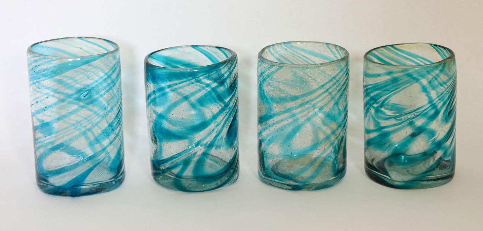 Hand Blown Drinking Glasses Handcrafted Blue Swirl Set of 4 - 3