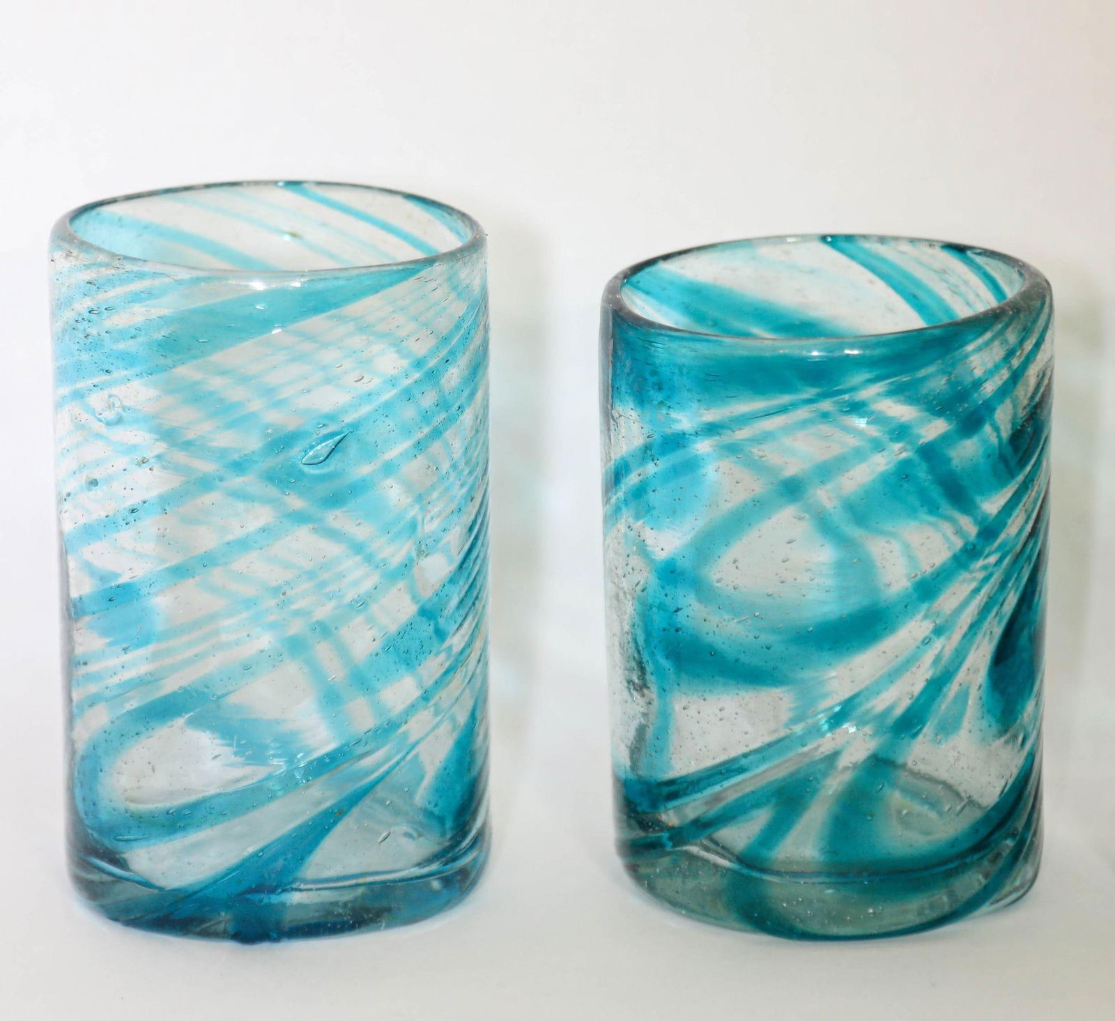 Hand Blown Drinking Glasses Handcrafted Blue Swirl Set of 4 - 4