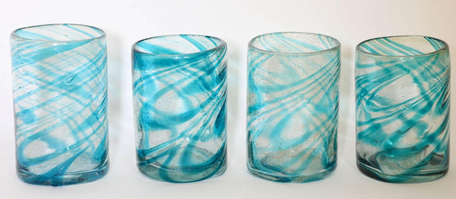 Hand Blown Drinking Glasses Handcrafted Blue Swirl Set of 4 - 5