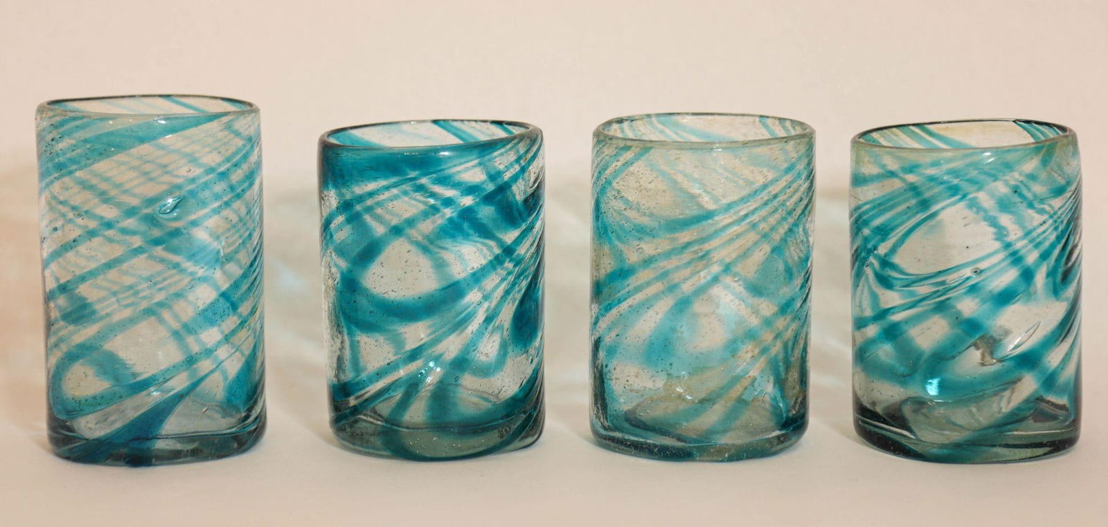 Hand Blown Drinking Glasses Handcrafted Blue Swirl Set of 4 - 7
