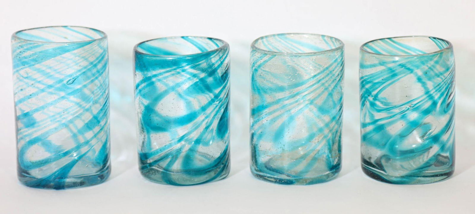 Hand Blown Drinking Glasses Handcrafted Blue Swirl Set of 4 - 8