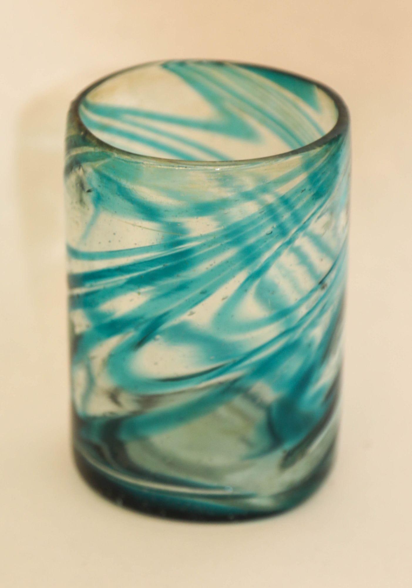 Hand Blown Drinking Glasses Handcrafted Blue Swirl Set of 4 - 9