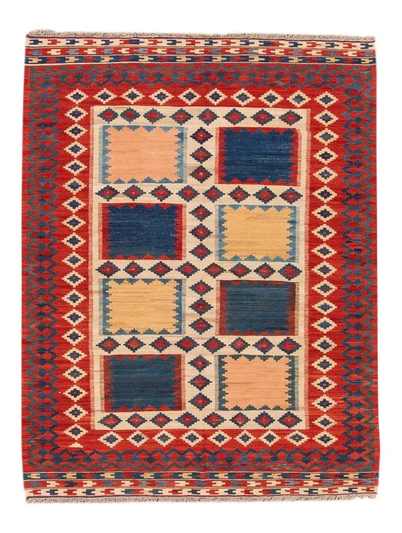 21st Century Modern Persian Kilim Rug, 5'5" X 6'10": Hand-woven modern Persian Kilim with a geometric design. This piece has magnificent detailing and great colors, it would be the perfect addition to your home. Material: wool Condition: Imperfections: