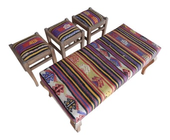 Turkish Kilim Handmade Bench & Ottomans - Set of 4