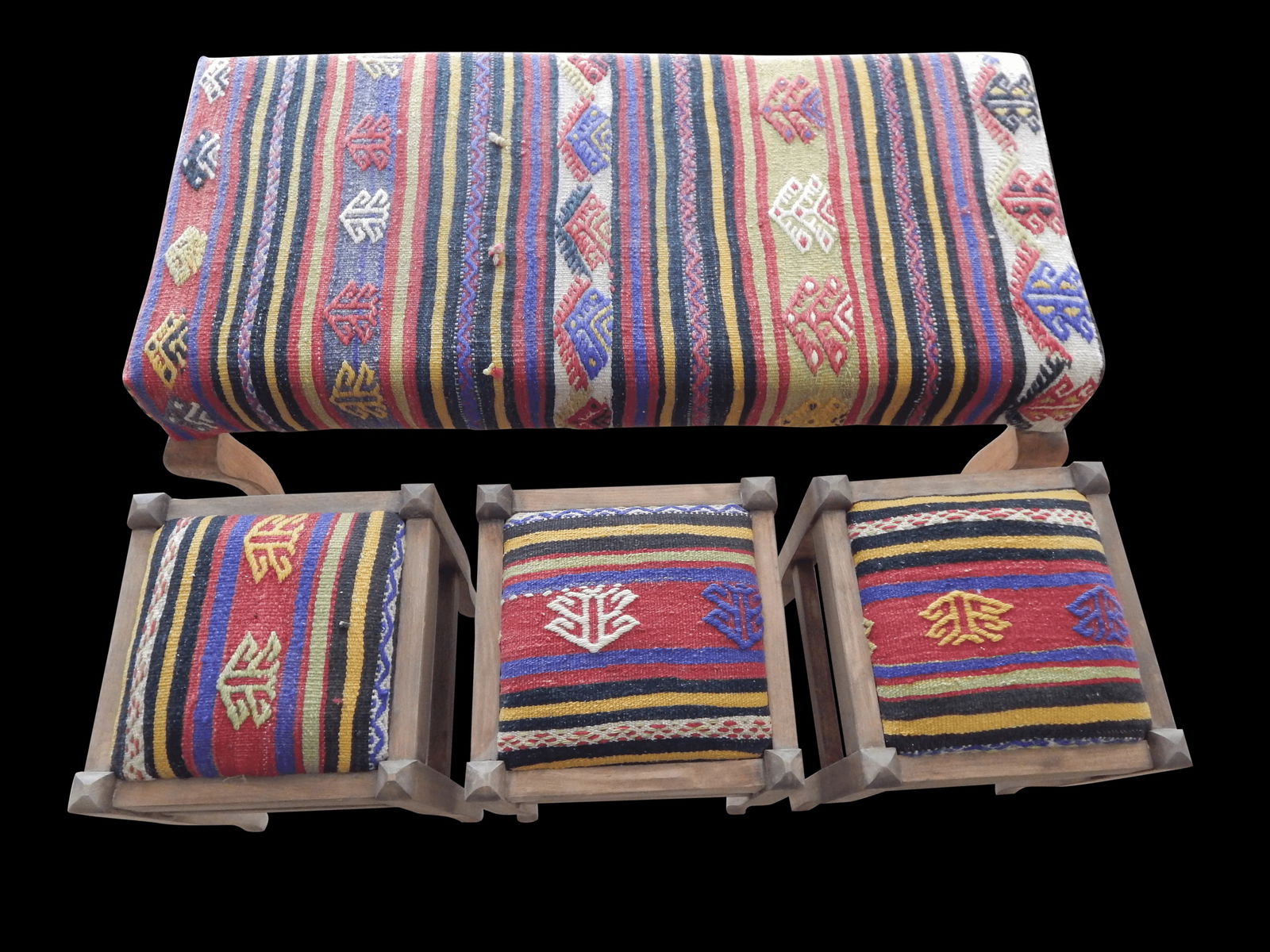 Turkish Kilim Handmade Bench & Ottomans - Set of 4 - 2