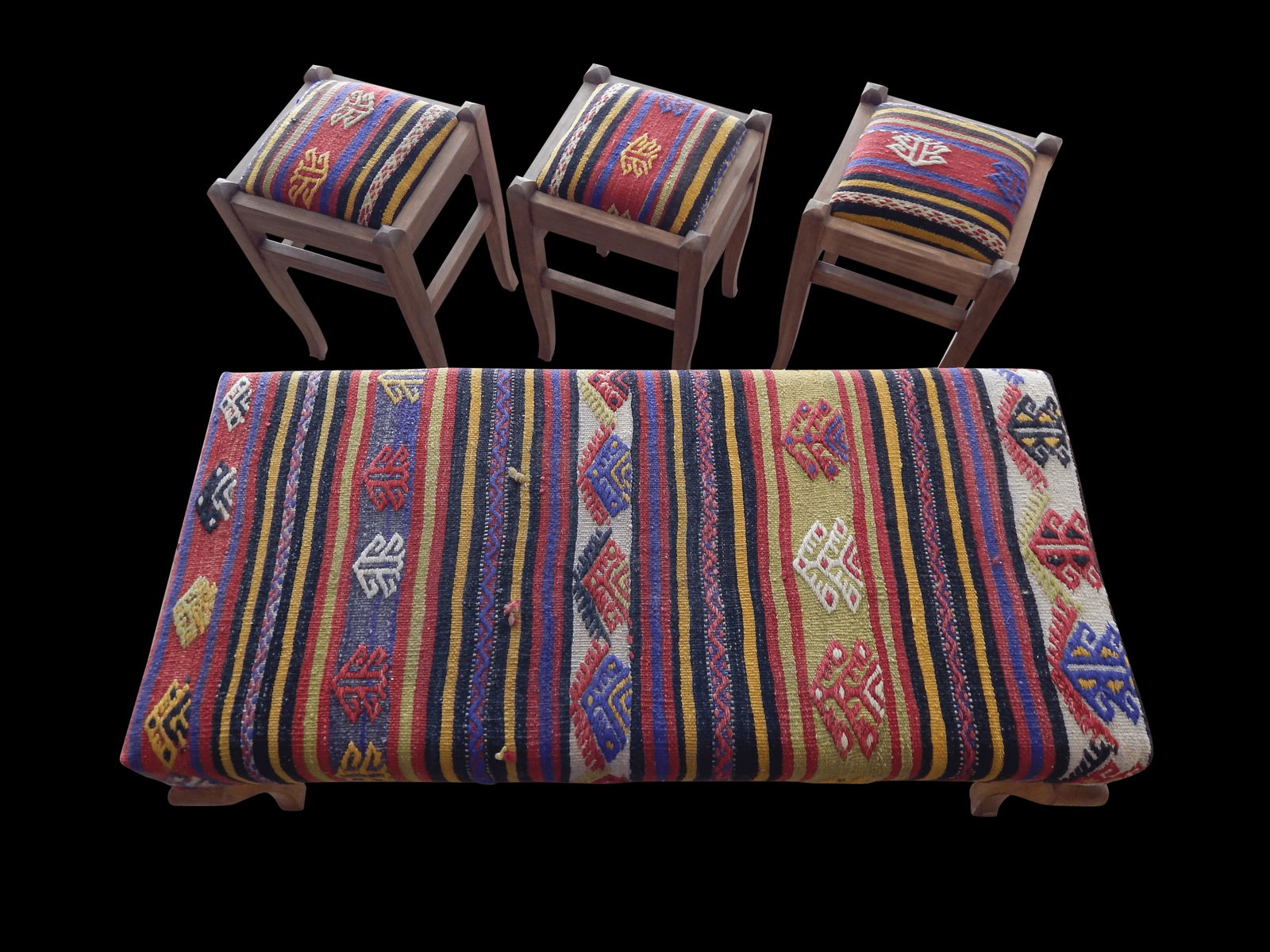 Turkish Kilim Handmade Bench & Ottomans - Set of 4 - 3