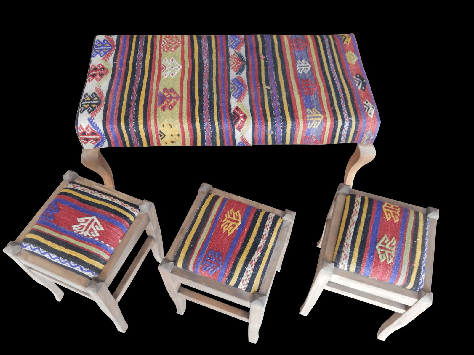 Turkish Kilim Handmade Bench & Ottomans - Set of 4 - 4