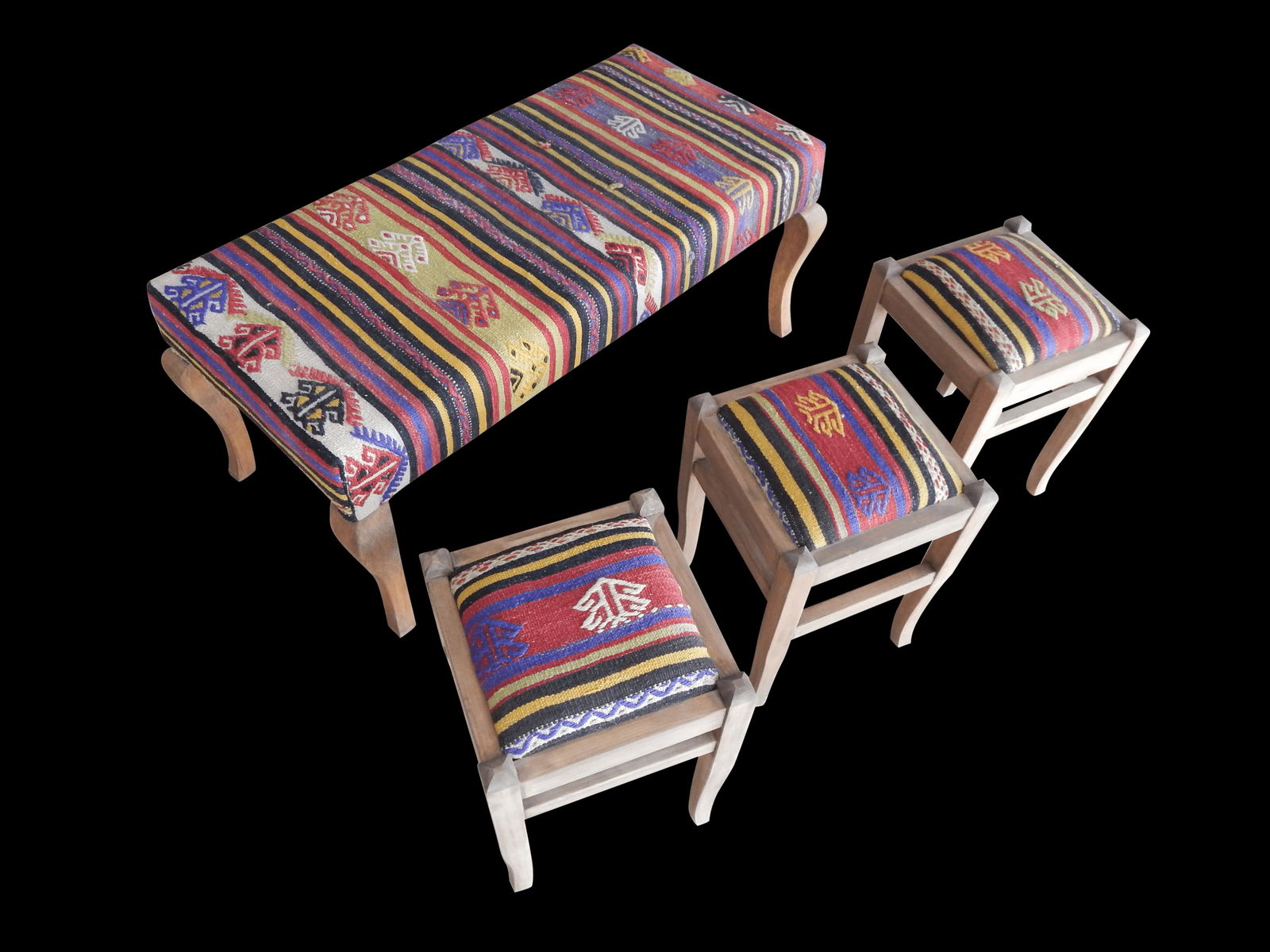 Turkish Kilim Handmade Bench & Ottomans - Set of 4 - 5