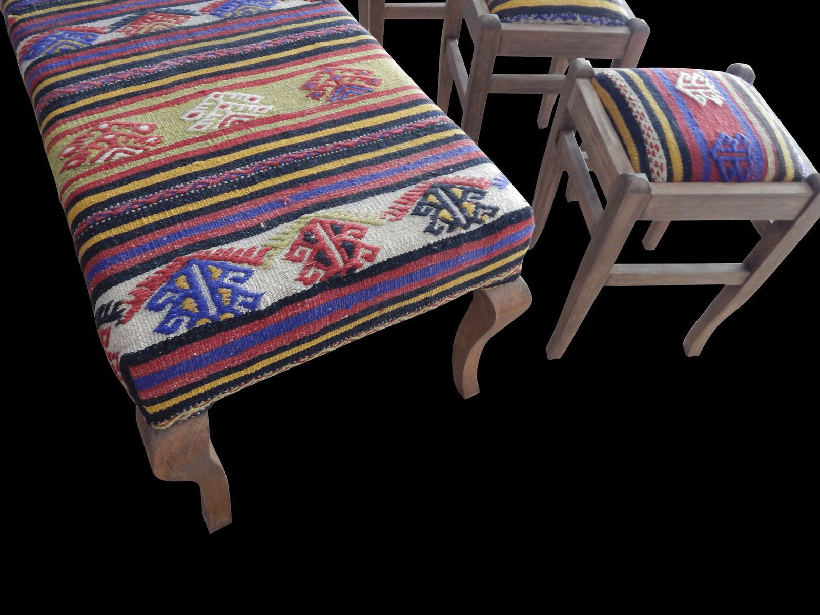 Turkish Kilim Handmade Bench & Ottomans - Set of 4 - 8