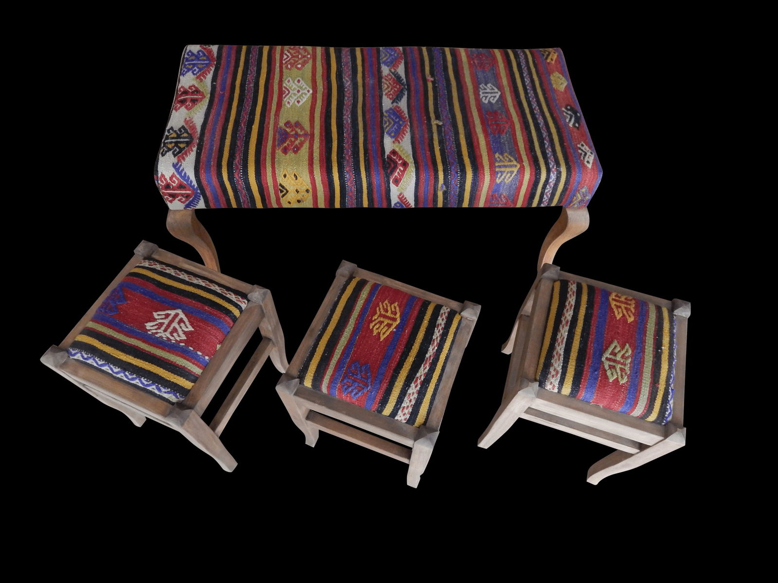 Turkish Kilim Handmade Bench & Ottomans - Set of 4 - 9