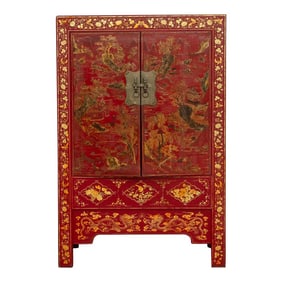 Antique Oriental Red & Guilt Lacquered Armoire