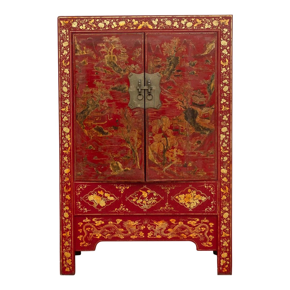 Antique Oriental Red & Guilt Lacquered Armoire: This magnificent antique Chinese armoire is a celebration of color and artistry, its vibrant red lacquer and shimmering gilt accents creating a visual feast for the eyes. The doors, adorned with exqui