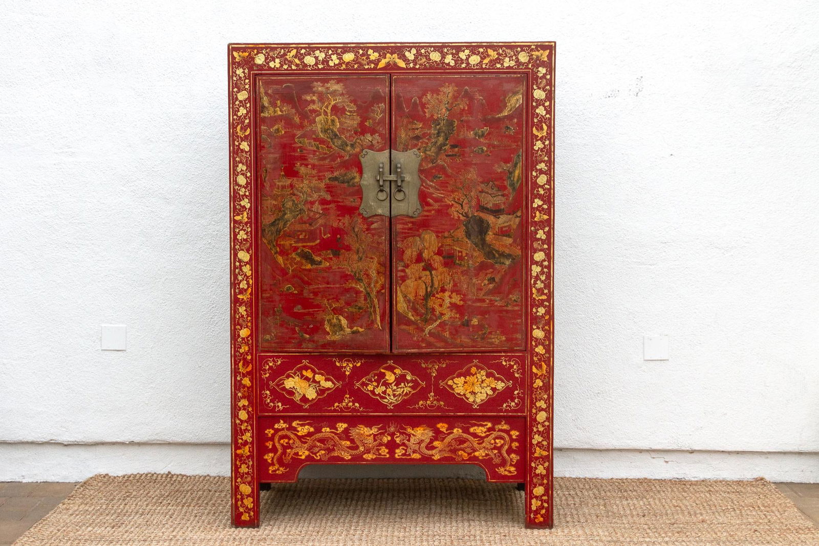 Antique Oriental Red & Guilt Lacquered Armoire - 2