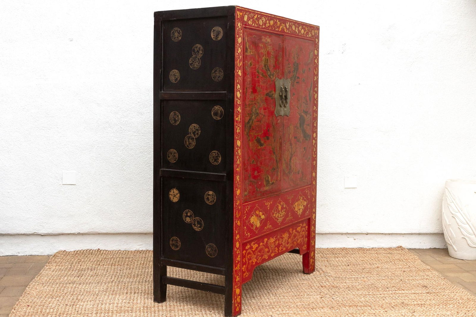 Antique Oriental Red & Guilt Lacquered Armoire - 9