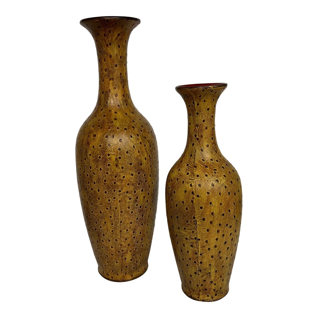 Vintage Rare Raymond Waites Ostrich Leather Covered Vases - a Pair: Rare Raymond Waites ostrich leather covered vases. Red glazed interior makes a standout backdrop for the tan / brown speck leather. Measures 6.5" diameter x 18.25" h. and 5" diameter x 14.25" high. 
