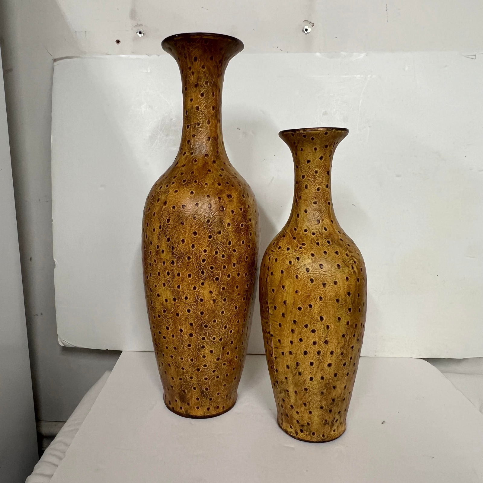 Vintage Rare Raymond Waites Ostrich Leather Covered Vases - a Pair - 2