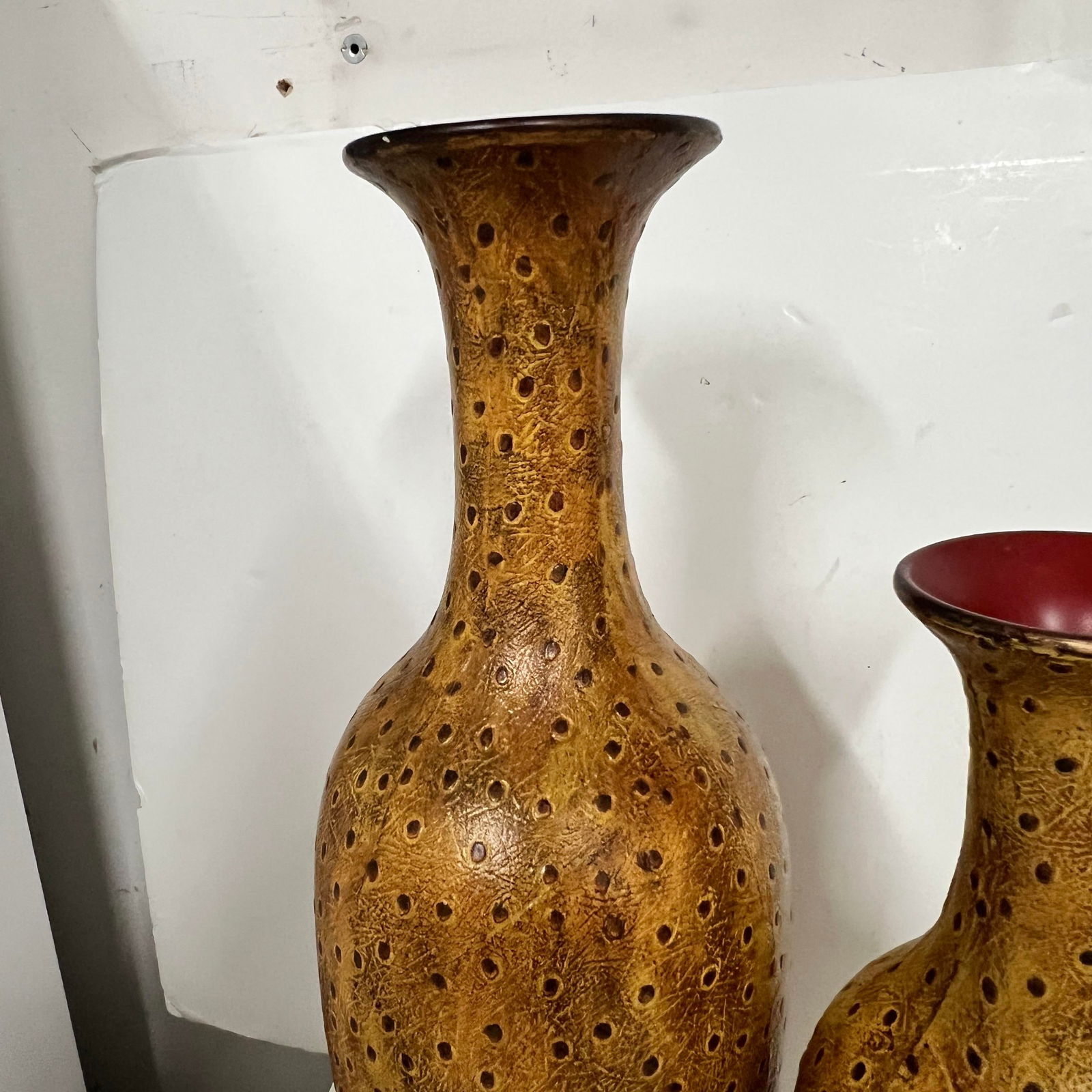 Vintage Rare Raymond Waites Ostrich Leather Covered Vases - a Pair - 5