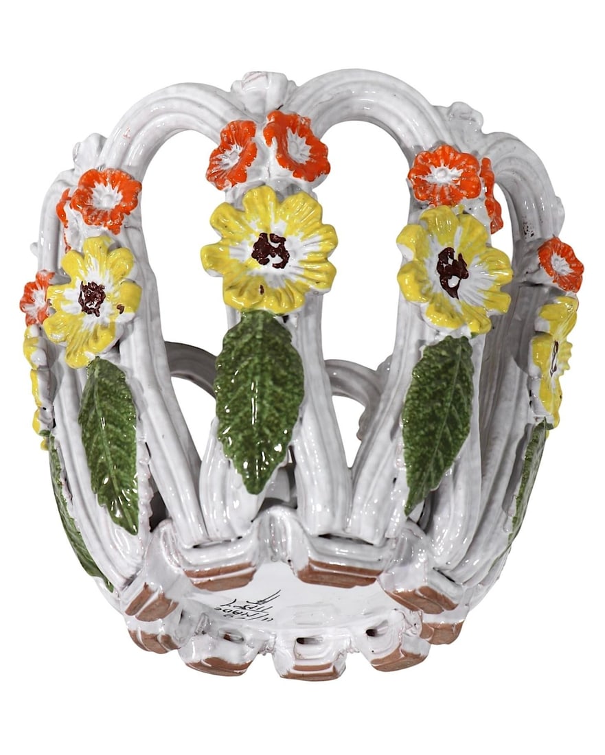 Vintage Italian Reticulated Pottery Flower Pot Planter After Raymor Rosenthal Netter - 11