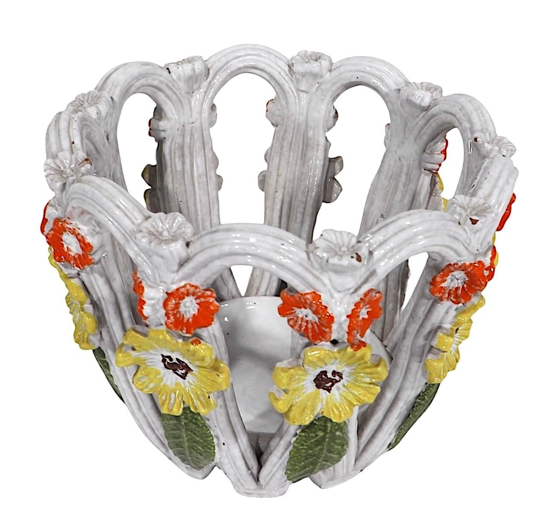 Vintage Italian Reticulated Pottery Flower Pot Planter After Raymor Rosenthal Netter - 2