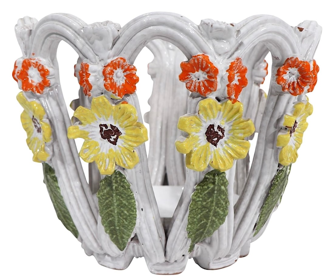 Vintage Italian Reticulated Pottery Flower Pot Planter After Raymor Rosenthal Netter - 5