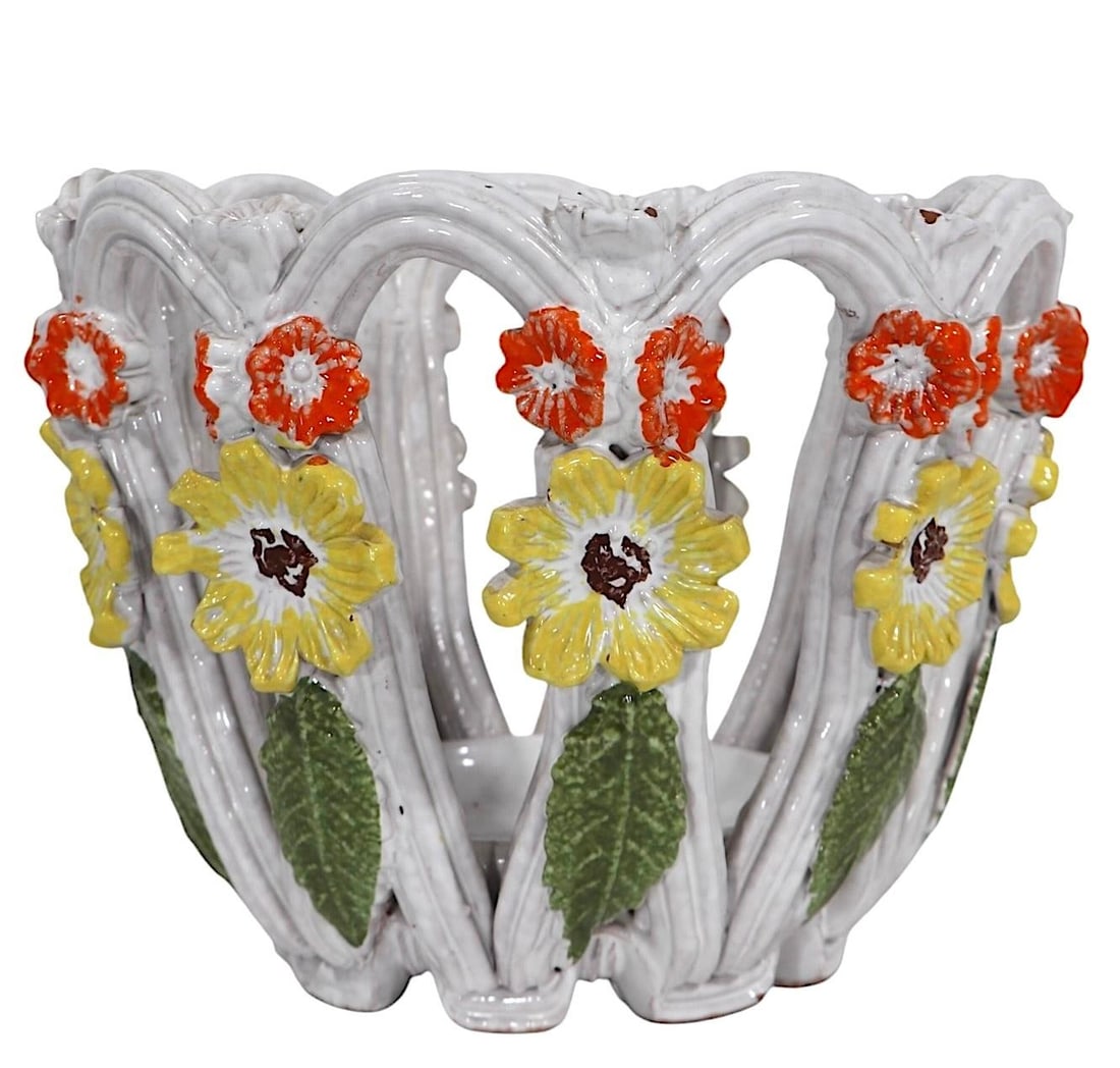 Vintage Italian Reticulated Pottery Flower Pot Planter After Raymor Rosenthal Netter - 7