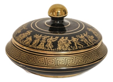 Black With 24k Gold Porcelain Jar With Lid Made in Greece by Spyropoulos 1960s