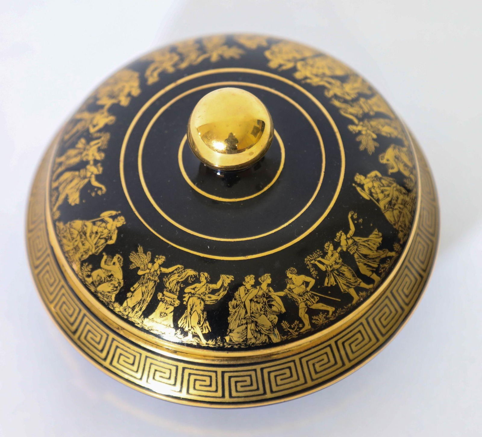 Black With 24k Gold Porcelain Jar With Lid Made in Greece by Spyropoulos 1960s - 2