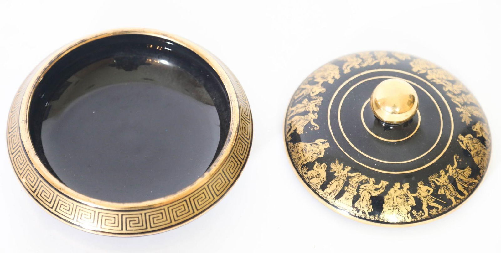 Black With 24k Gold Porcelain Jar With Lid Made in Greece by Spyropoulos 1960s - 3