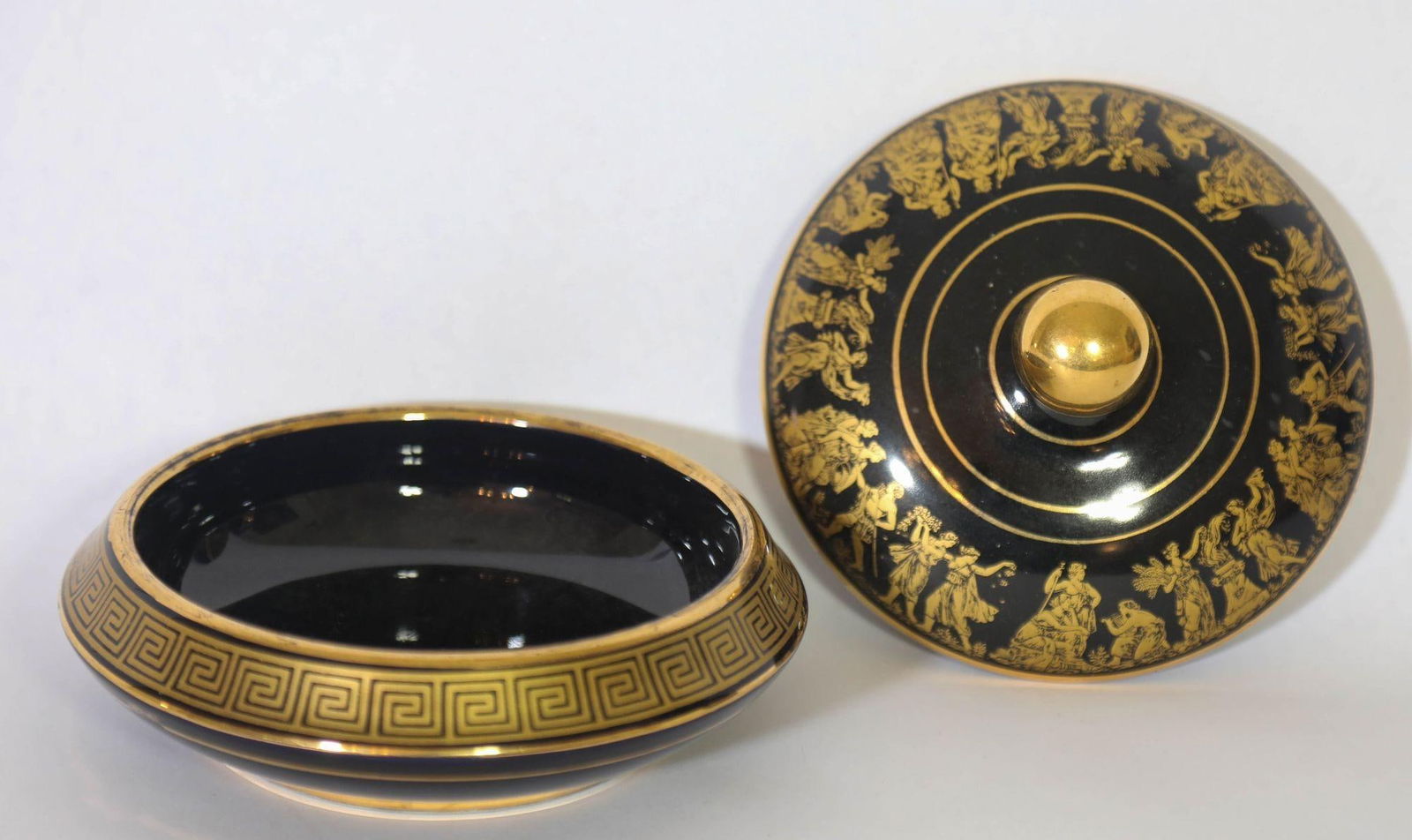 Black With 24k Gold Porcelain Jar With Lid Made in Greece by Spyropoulos 1960s - 7