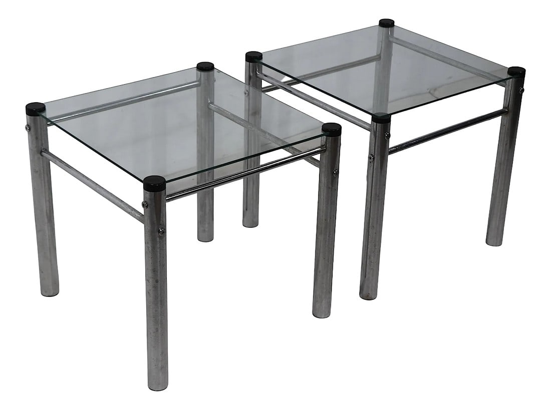 Pr. 70's Chrome and Glass End Tables After Baughman: Classic pair of vintage 1970's chrome and glass end, or small side tables, in good vintage condition. both tables are structurally sound and sturdy, both show cosmetic wear, normal and consistent with