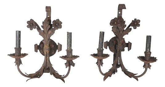 Pr. Two Light Antique Wrought Iron C. 1900/20's