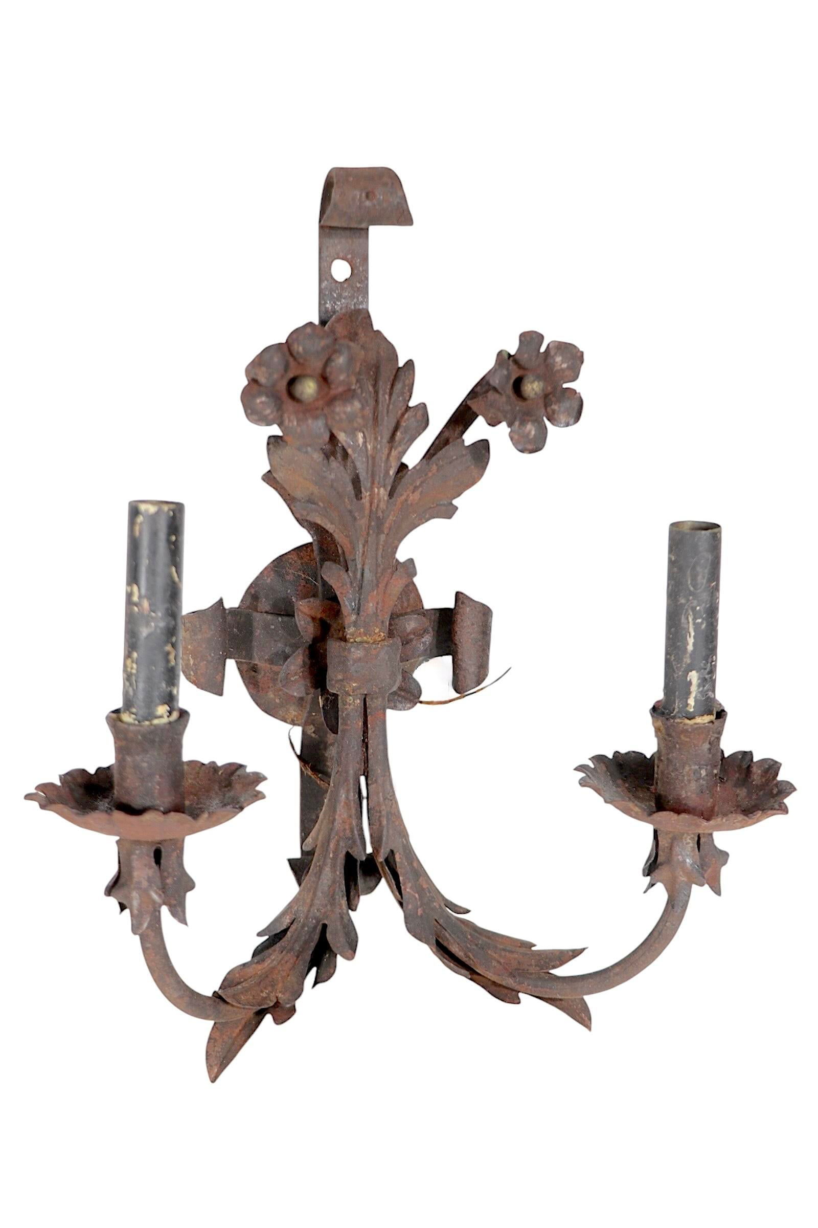 Pr. Two Light Antique Wrought Iron C. 1900/20's - 5