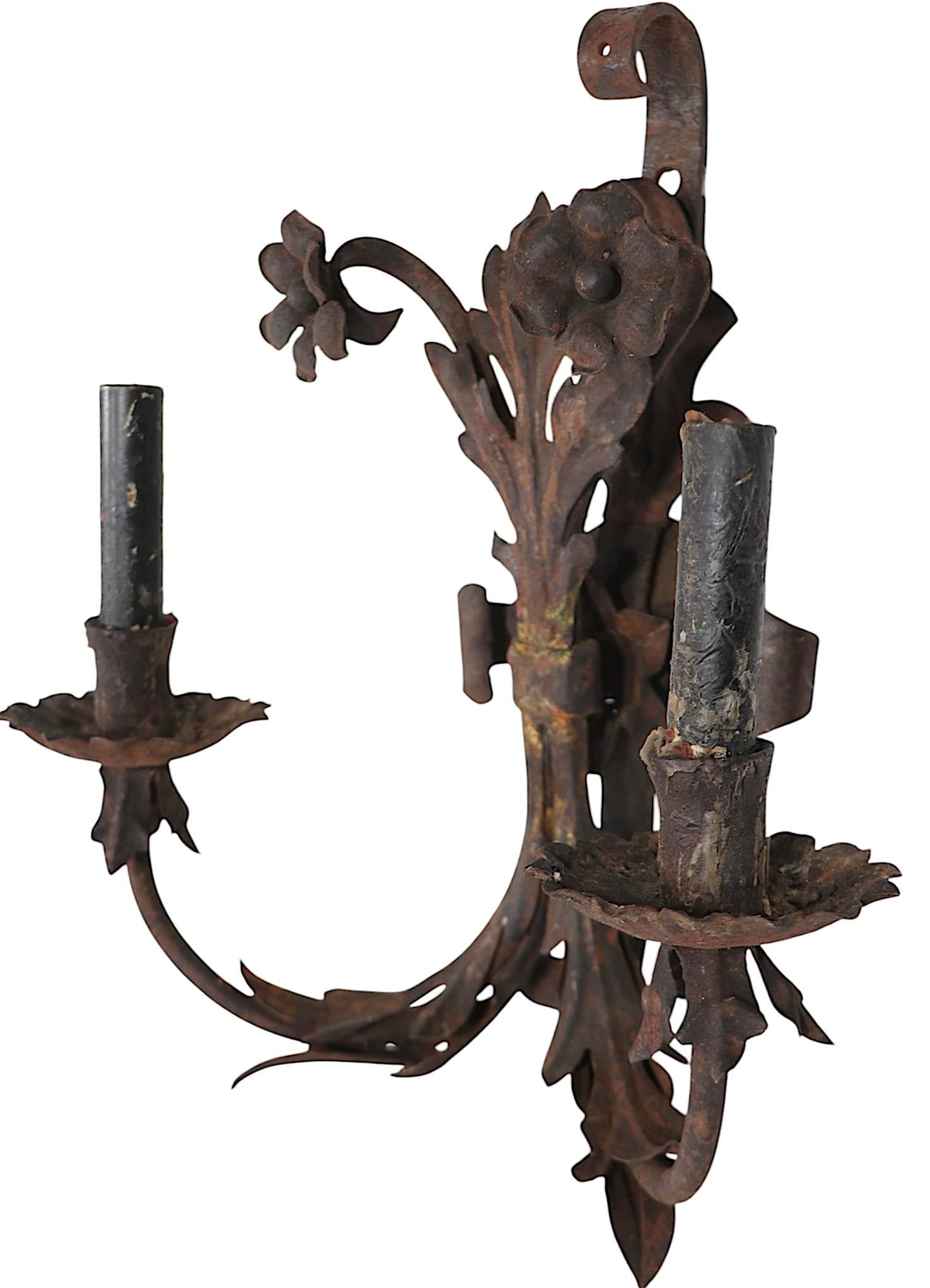 Pr. Two Light Antique Wrought Iron C. 1900/20's - 7