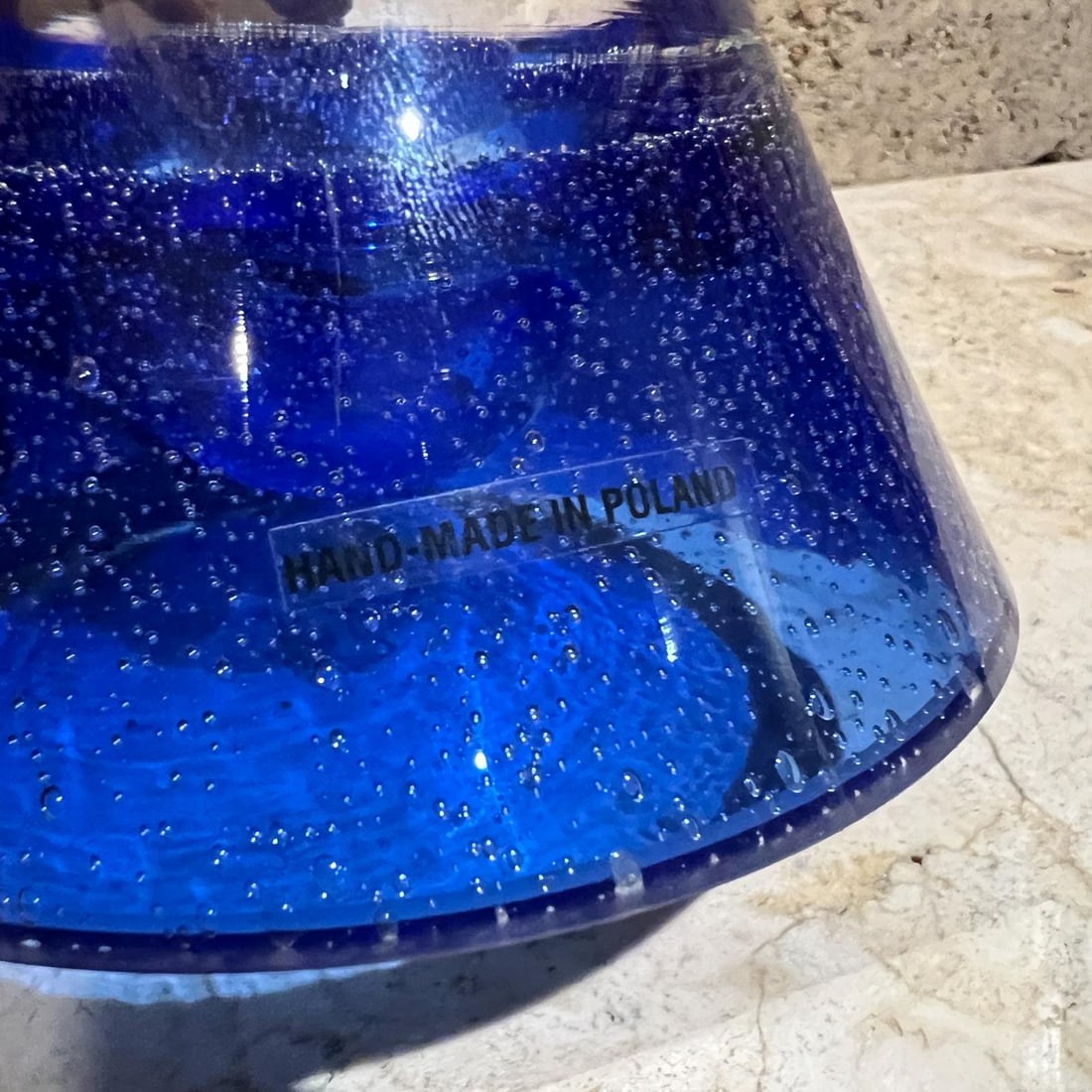 1970s Handmade Art Glass Blue Vase Poland - 3